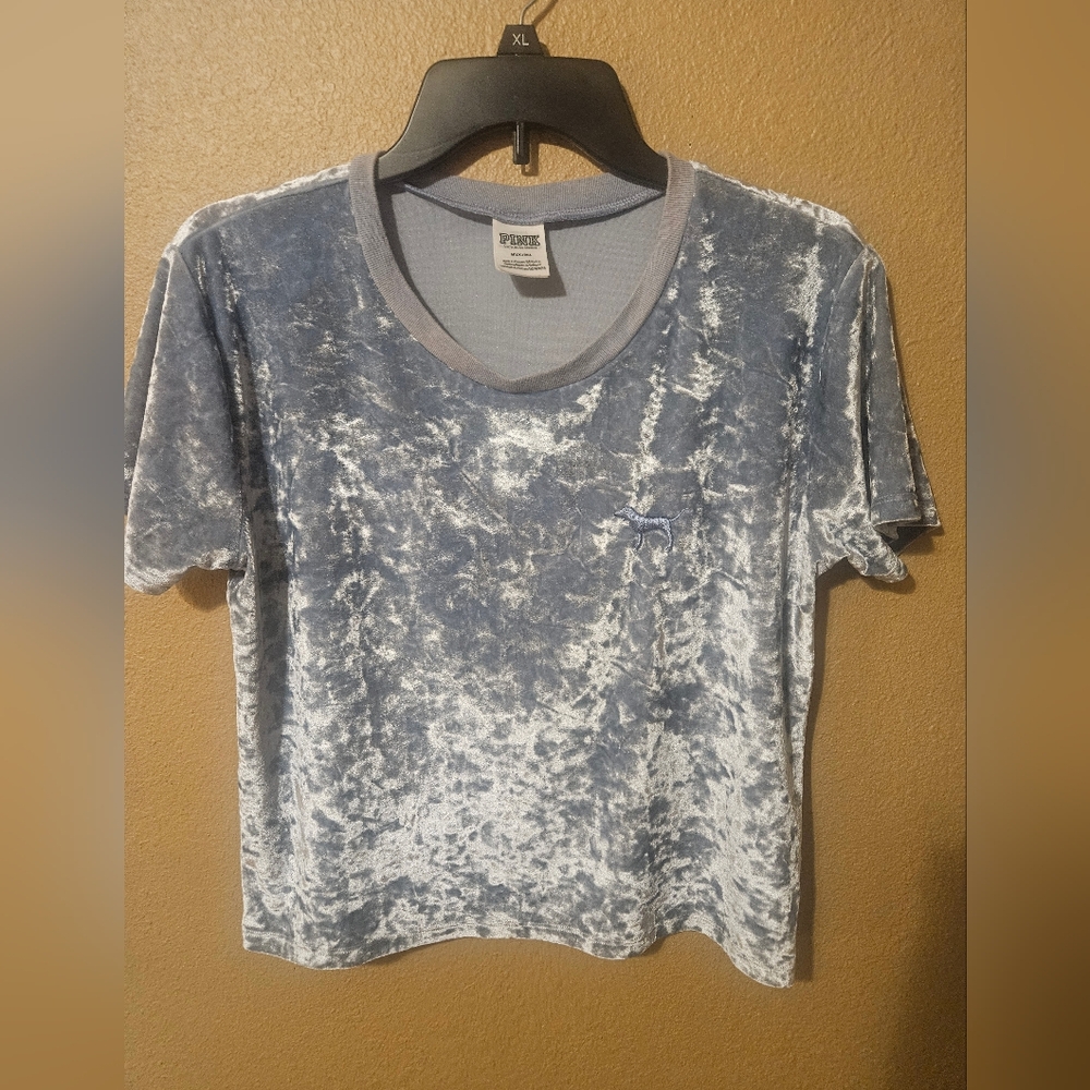 VS PINK Blue Crushed Velvet Crop Top Tee Size Medium
